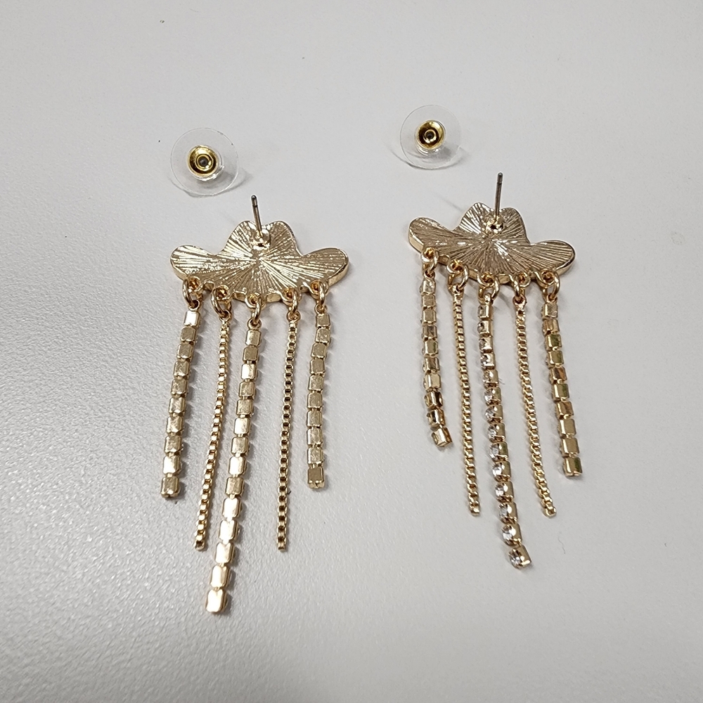 Pink Enamel Cowgirl Hat Earrings Rhinestone Tassels & Gold Chain Fringe Western - Picture 5 of 7